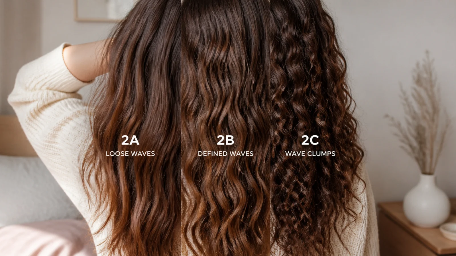 Three sections of wavy hair compared showing loose 2A waves, defined 2B waves and 2C wave clumps