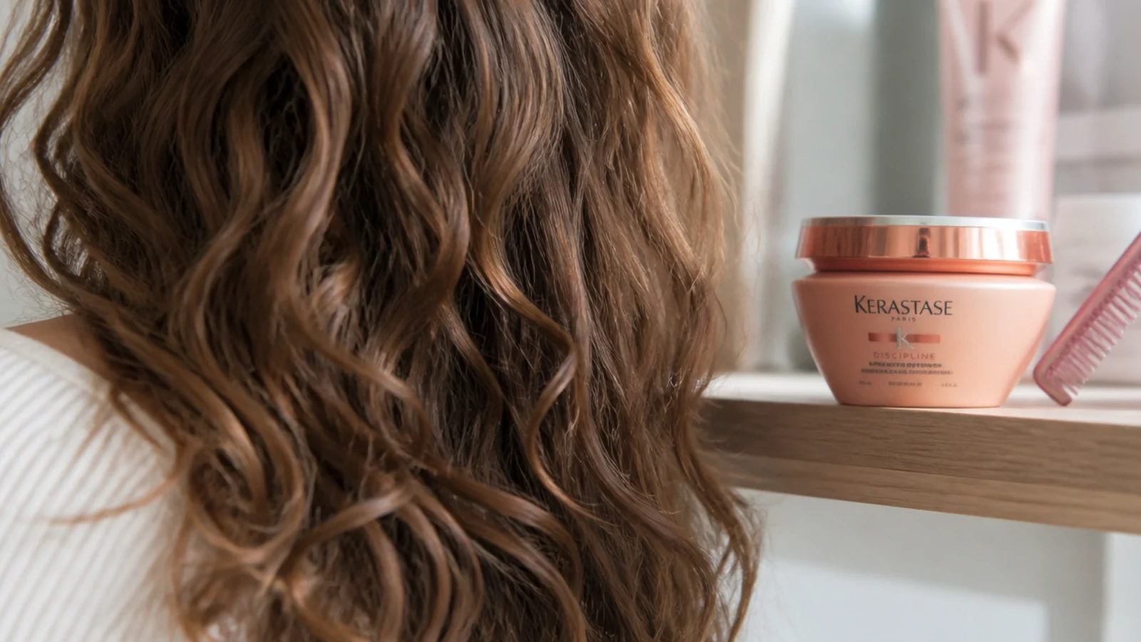 Kerastase Discipline smoothing masque for frizzy hair on a salon shelf beside a tinted comb