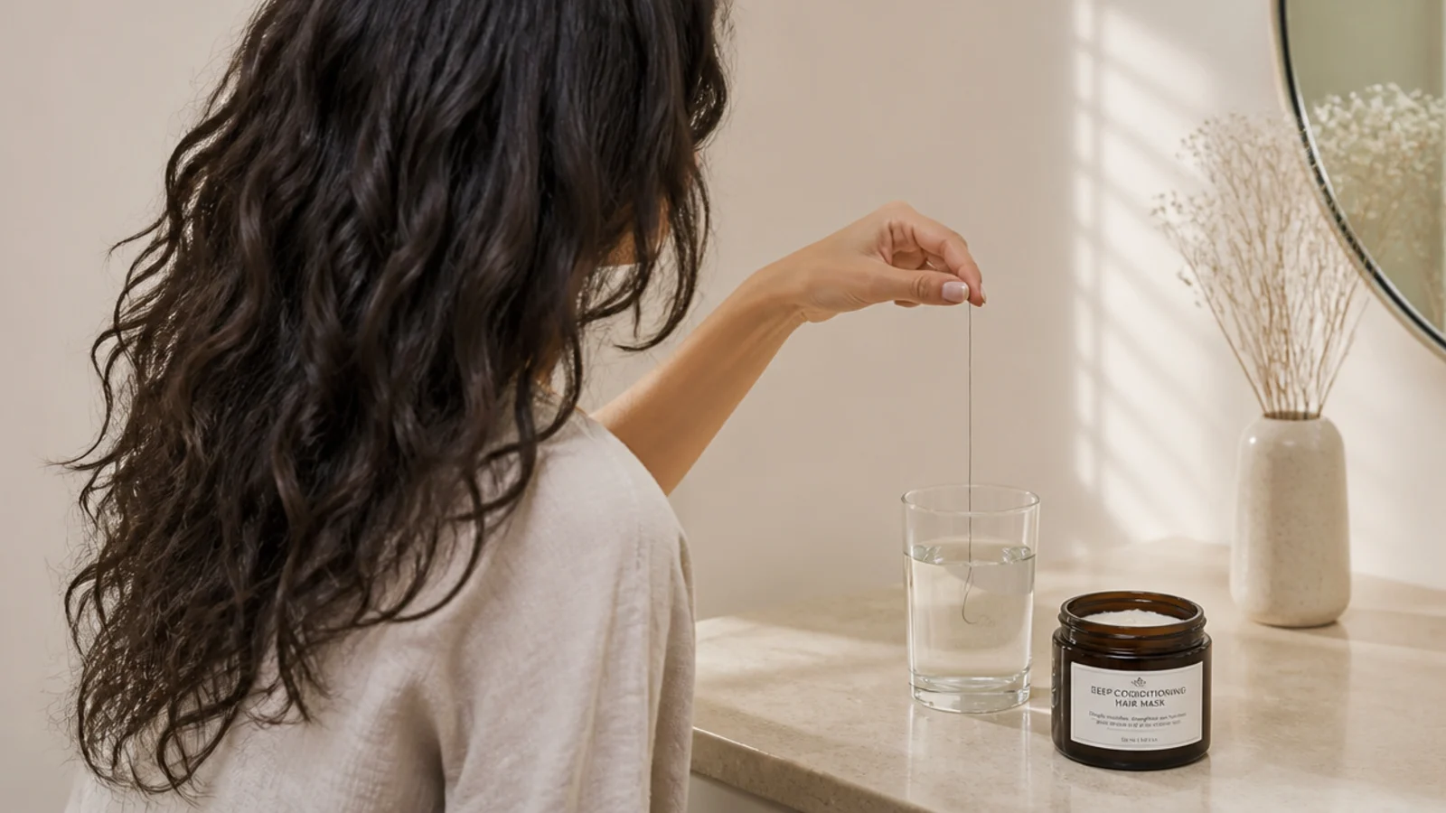 Hair porosity float test with a single strand in a glass of water beside a hair mask jar
