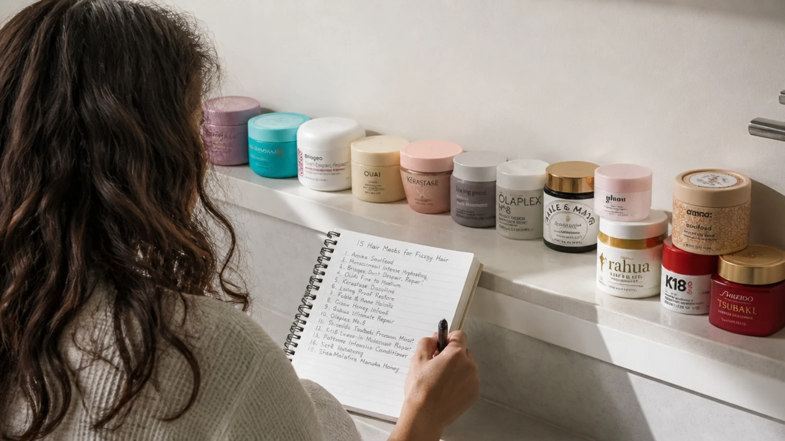 Fifteen hair masks for frizzy hair lined up on a bathroom shelf with a testing notebook