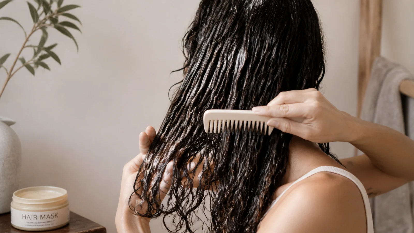 Applying a hair mask to soaking wet mid-lengths and ends with a wide-tooth comb for frizzy hair