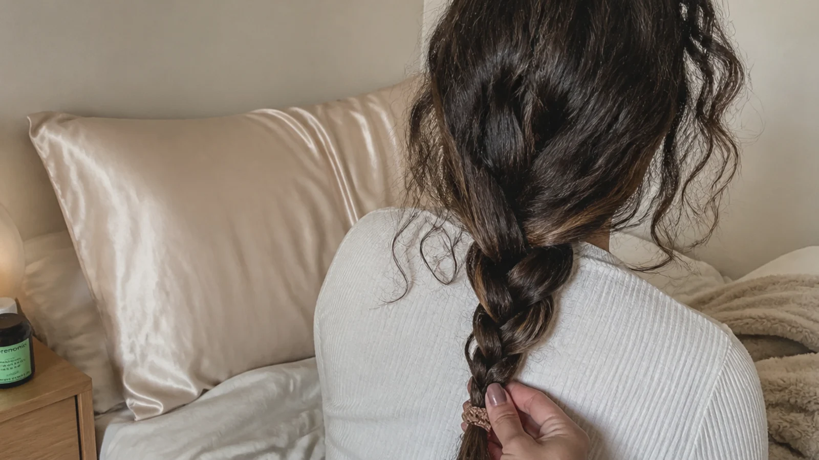 Silk pillowcase and loose braid protecting a hair mask treatment from overnight frizz