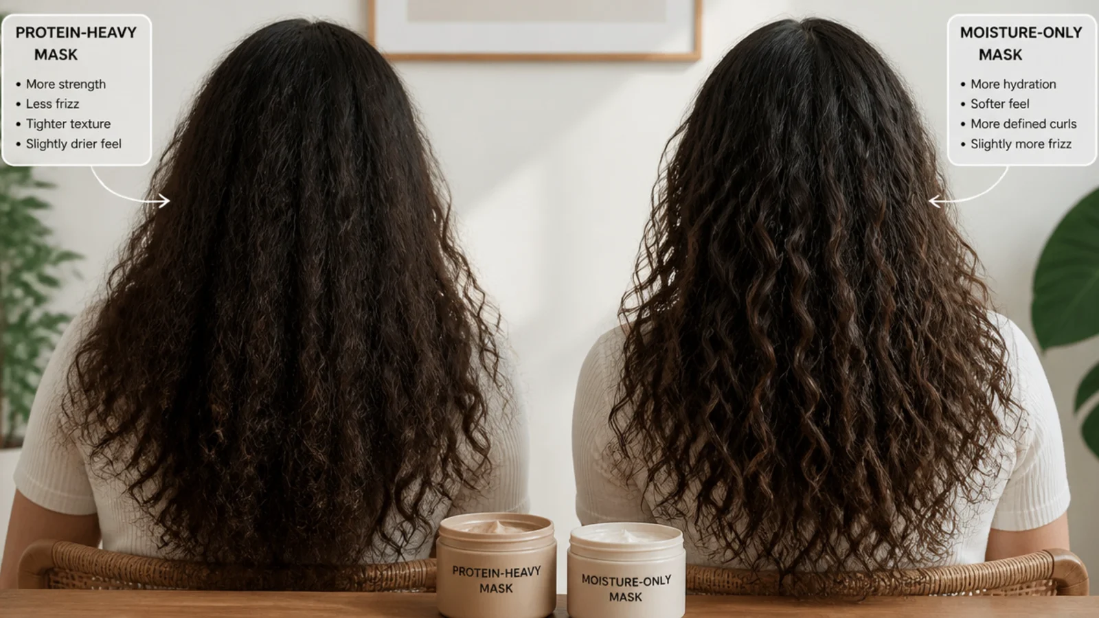 Protein-heavy hair mask and moisture-only hair mask compared side by side for frizzy hair