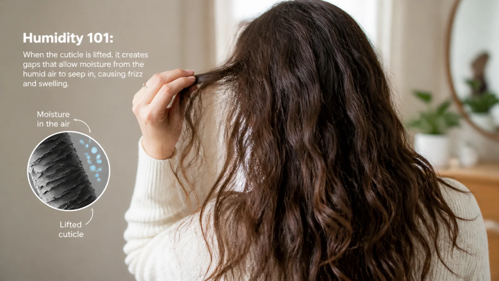 Close-up of a lifted hair cuticle pulling moisture from humid air causing frizzy hair