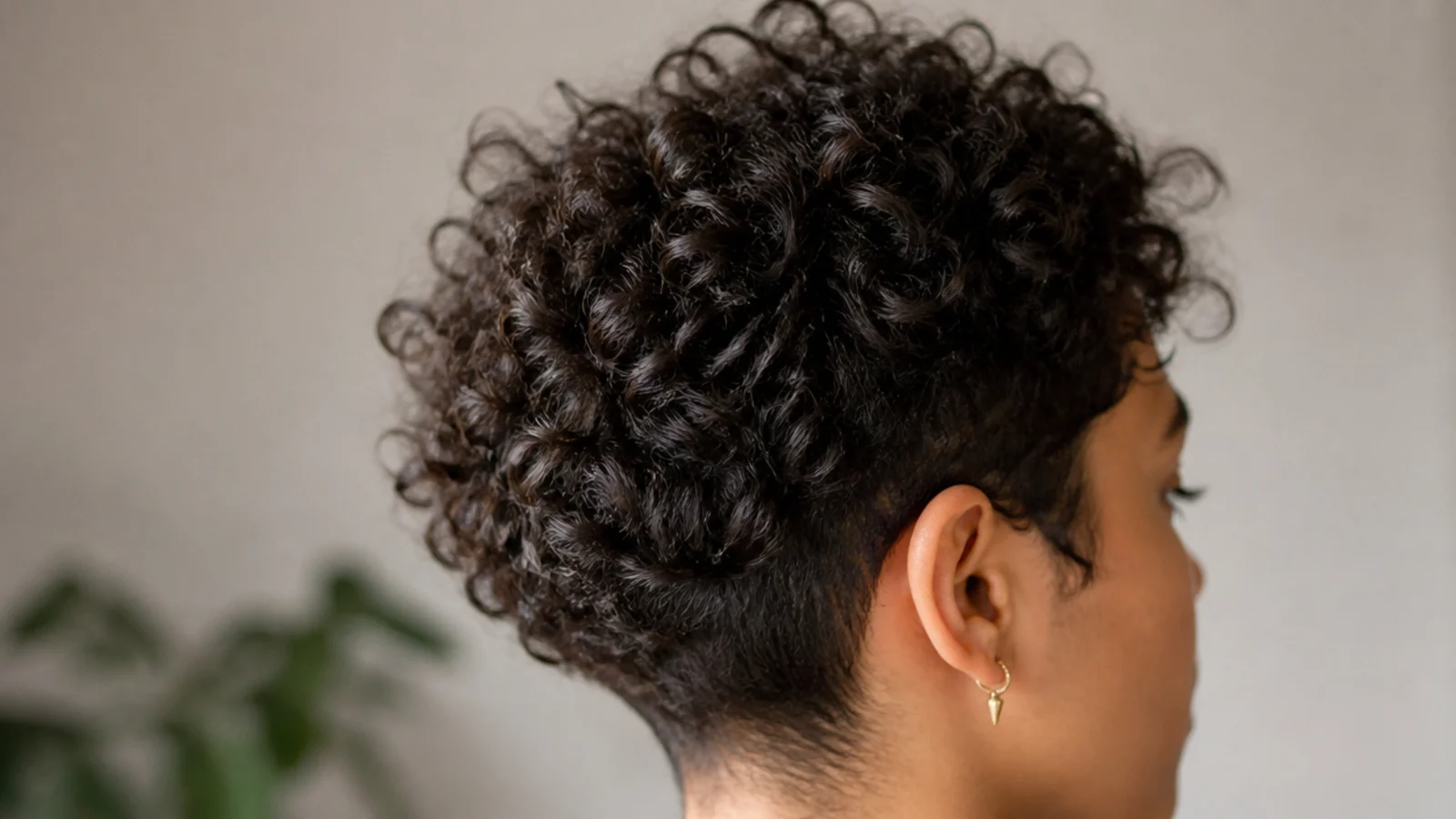 Curly pixie haircut on frizzy 3B hair with a longer elongated crown and tapered sides