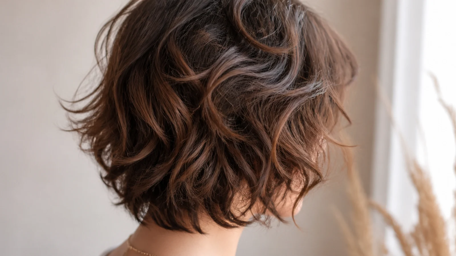 Short textured shag haircut for frizzy hair with a soft fringe and stacked collarbone layers