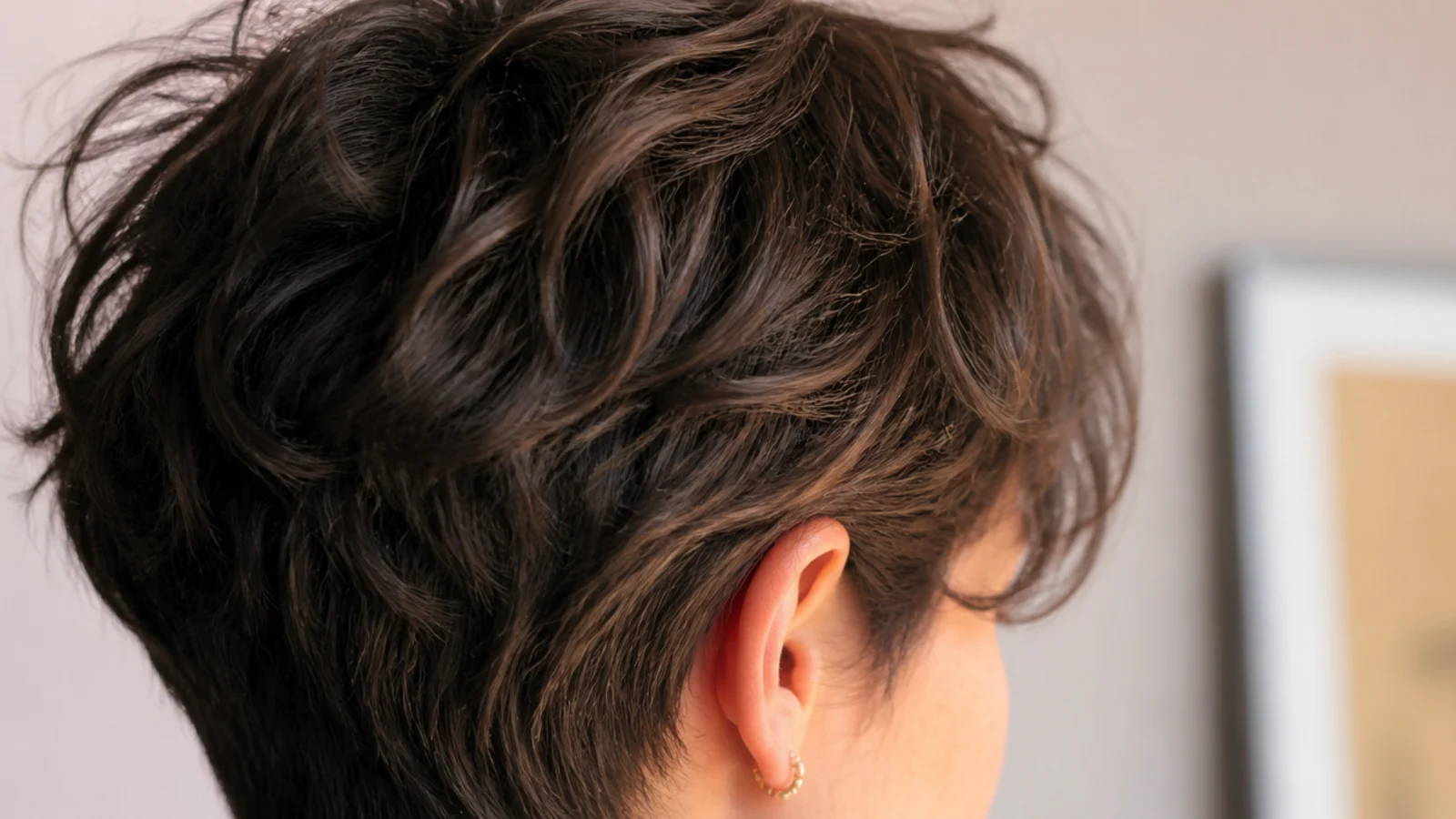 Ear length layered pixie on fine frizzy hair with soft graduated layers and a side sweep