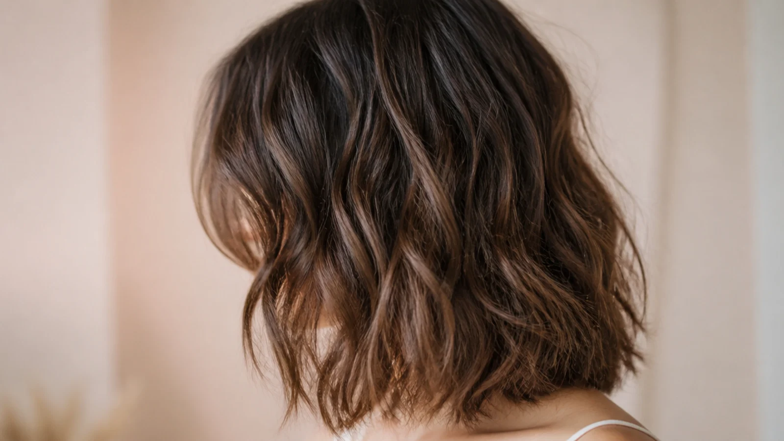Collarbone length haircut for frizzy hair with curtain bangs splitting softly at the cheekbones