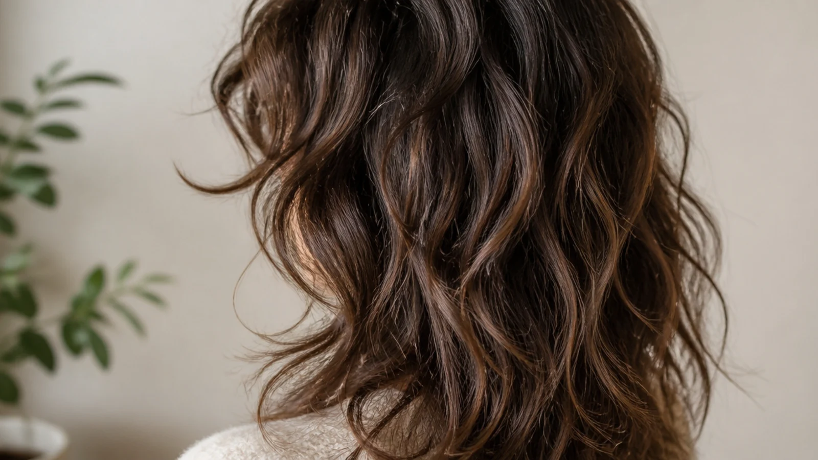 Wavy shag haircut on frizzy hair air dried with visible layers from cheekbone to mid back