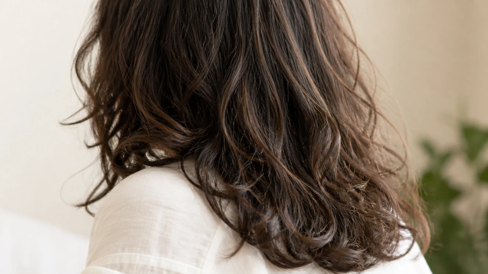 Mid length haircut for thick frizzy hair with soft round layers falling below the shoulders