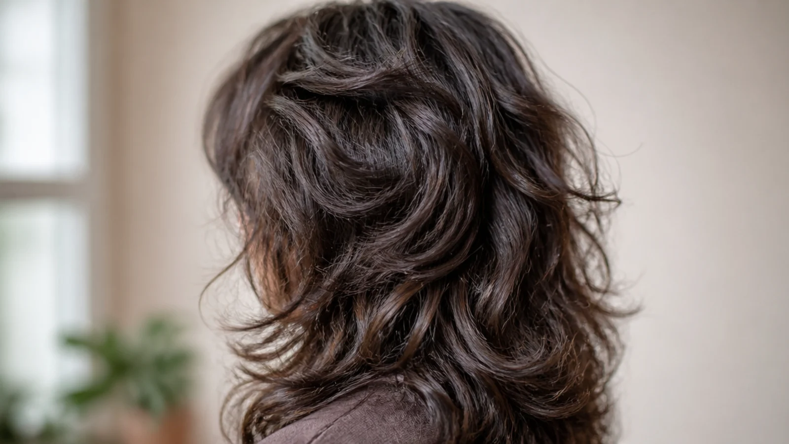 Modified wolf cut for frizzy hair with feathered crown layers and a controlled dense perimeter