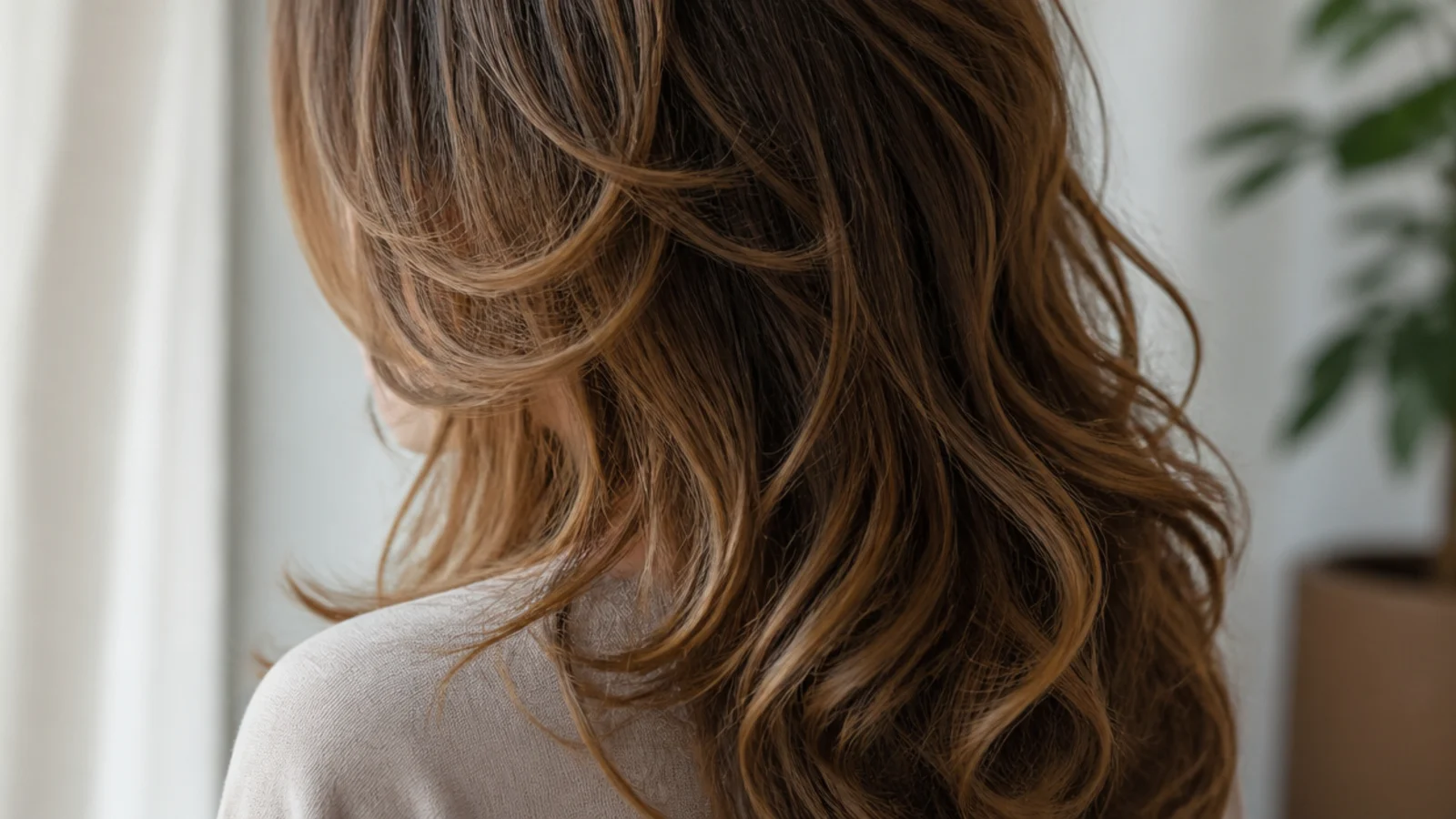 Face framing layers for frizzy hair beginning below the chin and blending into mid back length