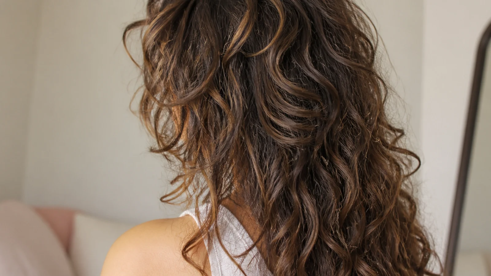 Butterfly cut on long frizzy hair with a shorter chin length top layer over a long dense base
