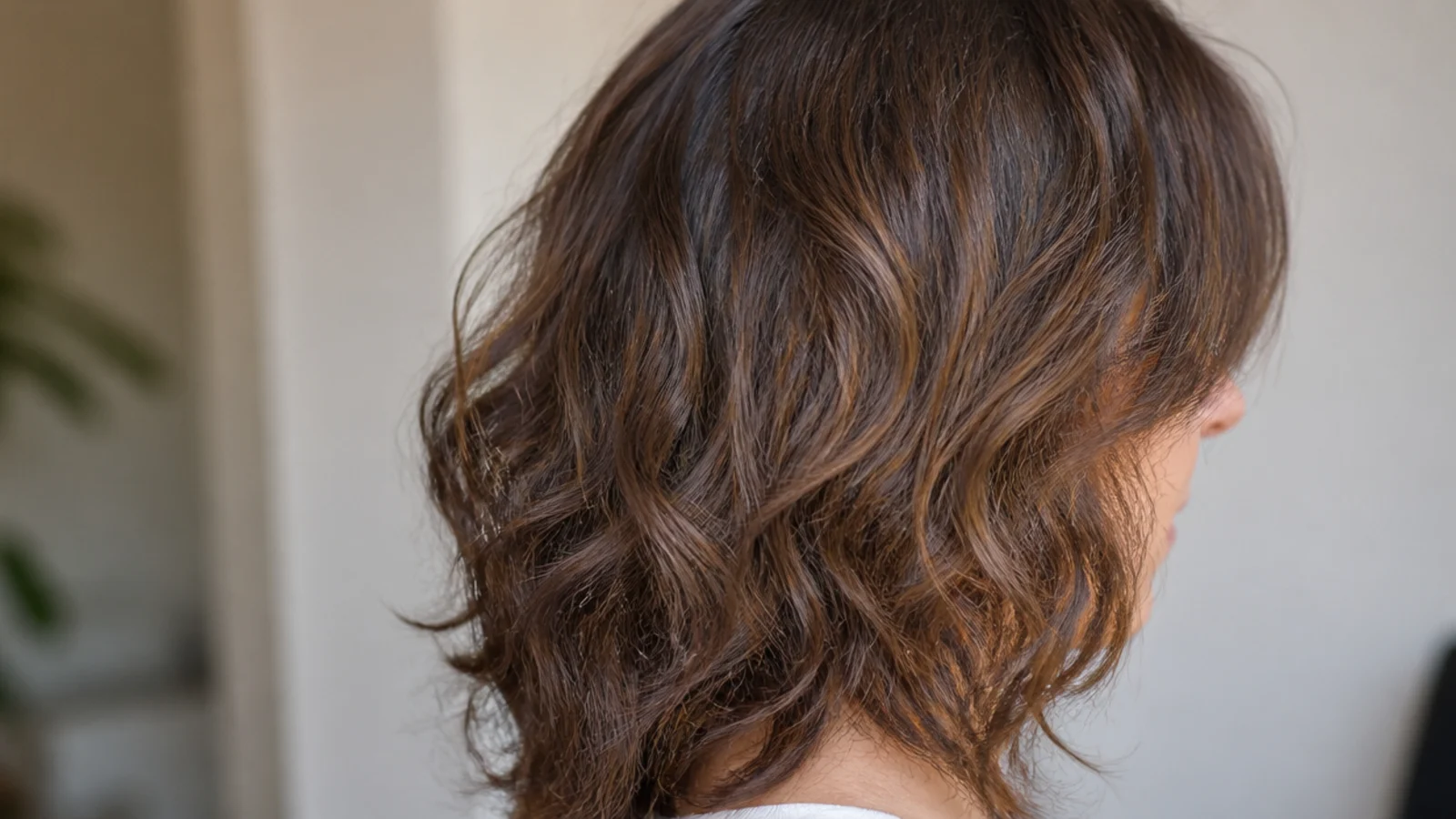 Grown out curtain bangs on frizzy hair reaching the jaw and blending into long layers