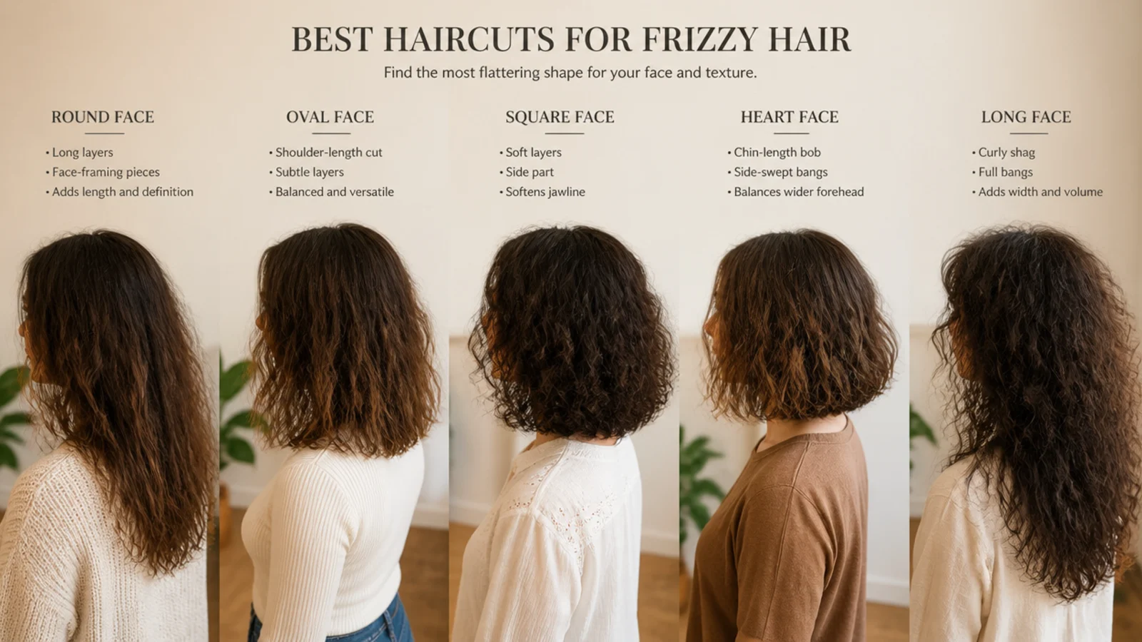 Face shapes matched to haircuts for frizzy hair including round, oval, square, heart and long