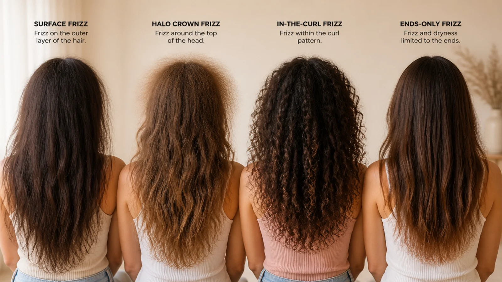 Four frizz types compared on frizzy hair: surface frizz, halo crown frizz, in-the-curl frizz and ends-only frizz