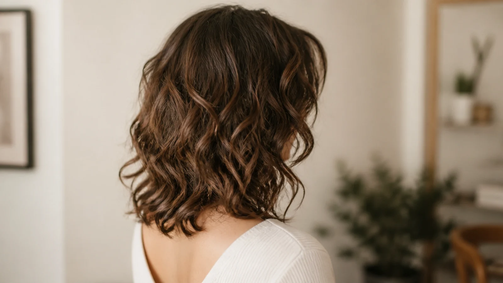 Collarbone length haircut for frizzy hair with internal layers and curtain bangs, air dried and defined
