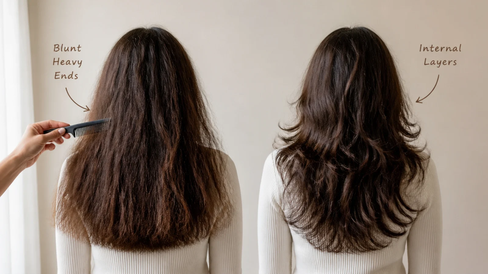 Comparison of internal layers and blunt heavy ends on frizzy hair showing different silhouettes