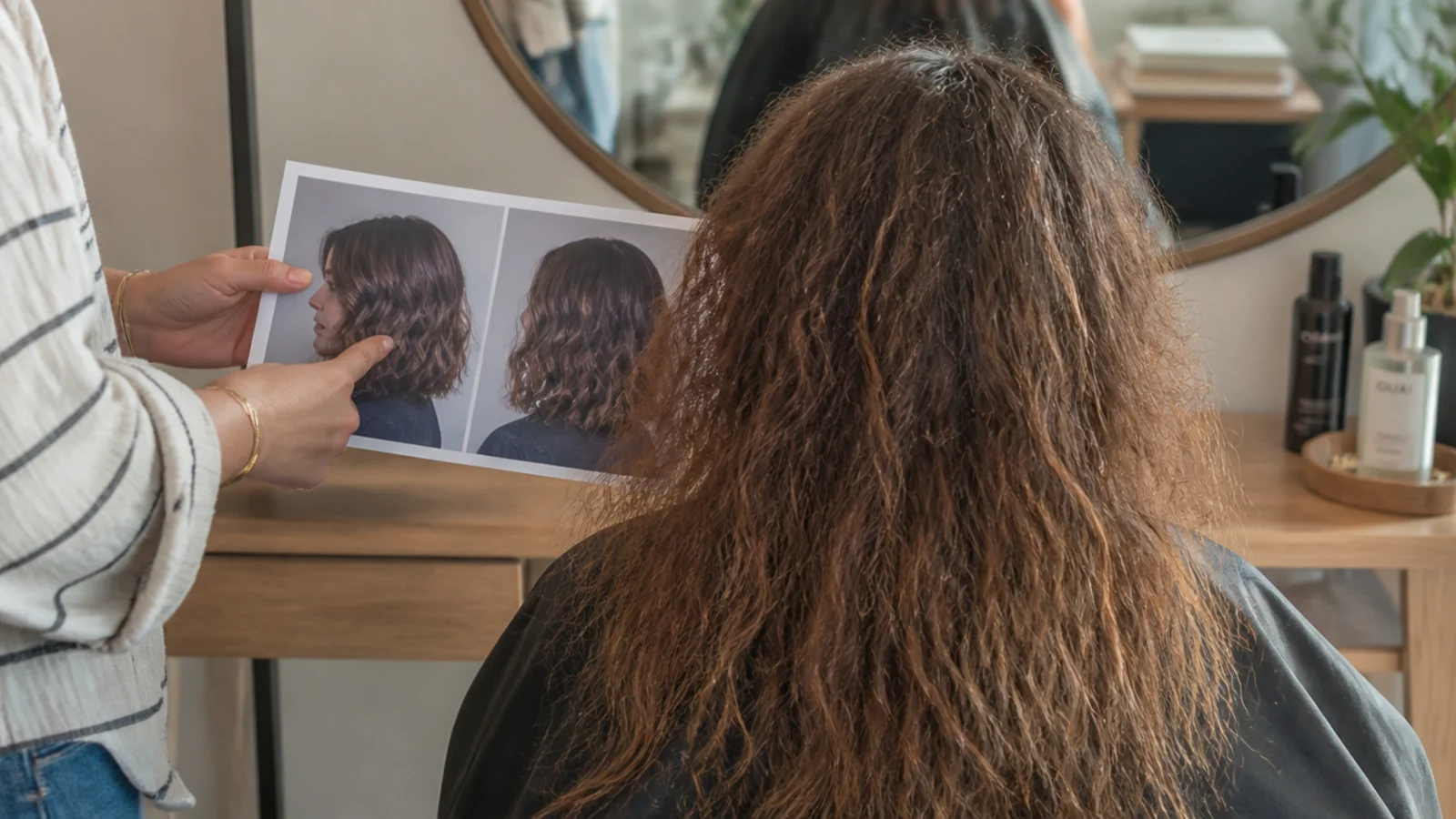 Salon consultation for a haircut for frizzy hair with reference photos held beside dry textured hair