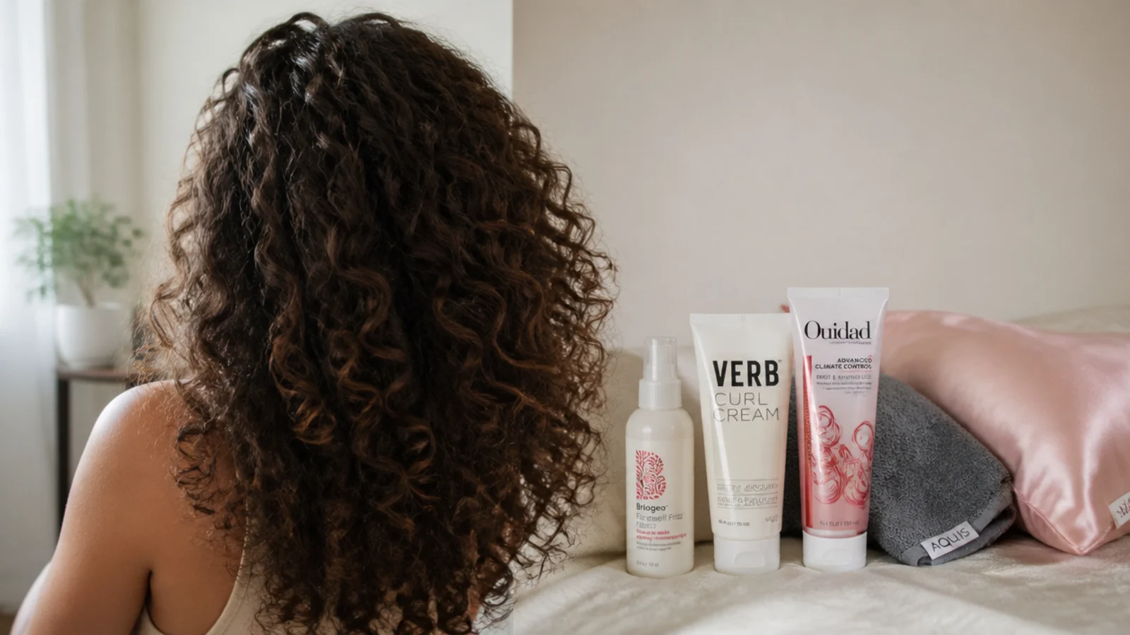 Wash day products for frizzy hair including leave-in, curl cream, gel, microfiber towel and a silk pillowcase