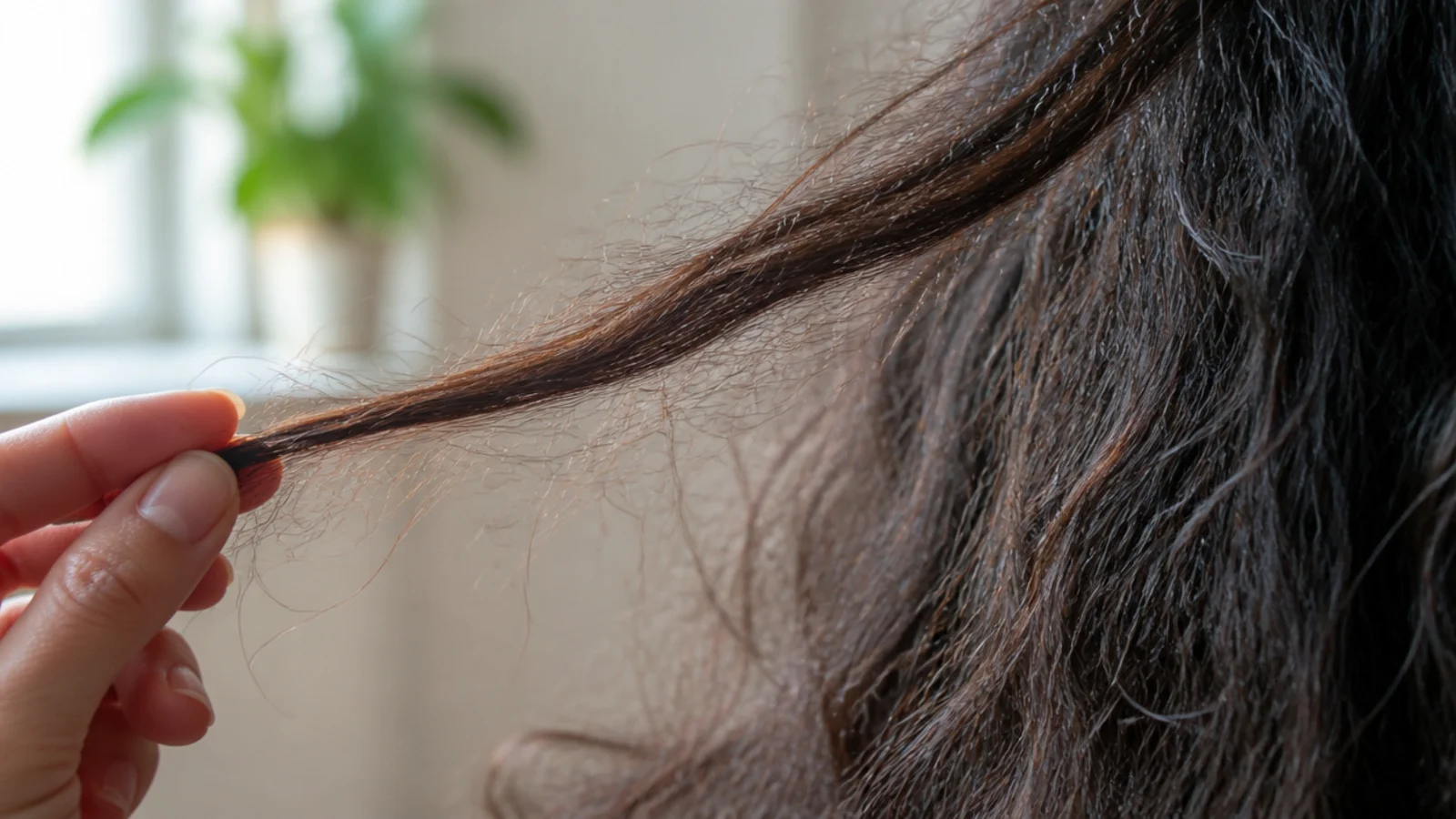 Close up of a frizzy hair strand showing a lifted cuticle absorbing moisture from humid air