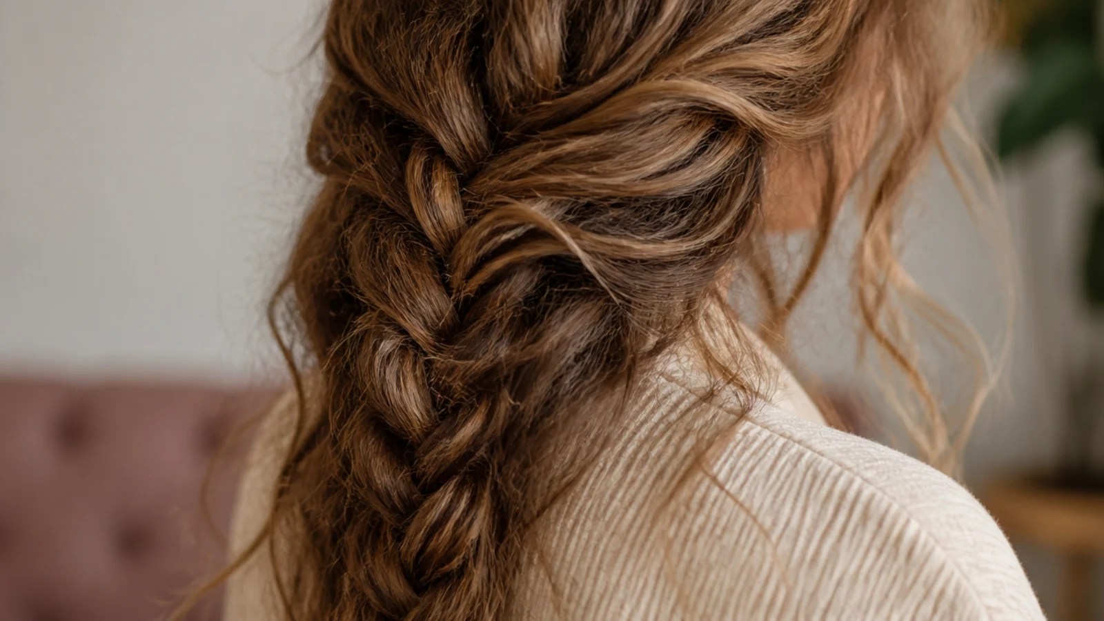 Loose French braid down the back of long frizzy hair braided while damp with leave-in conditioner