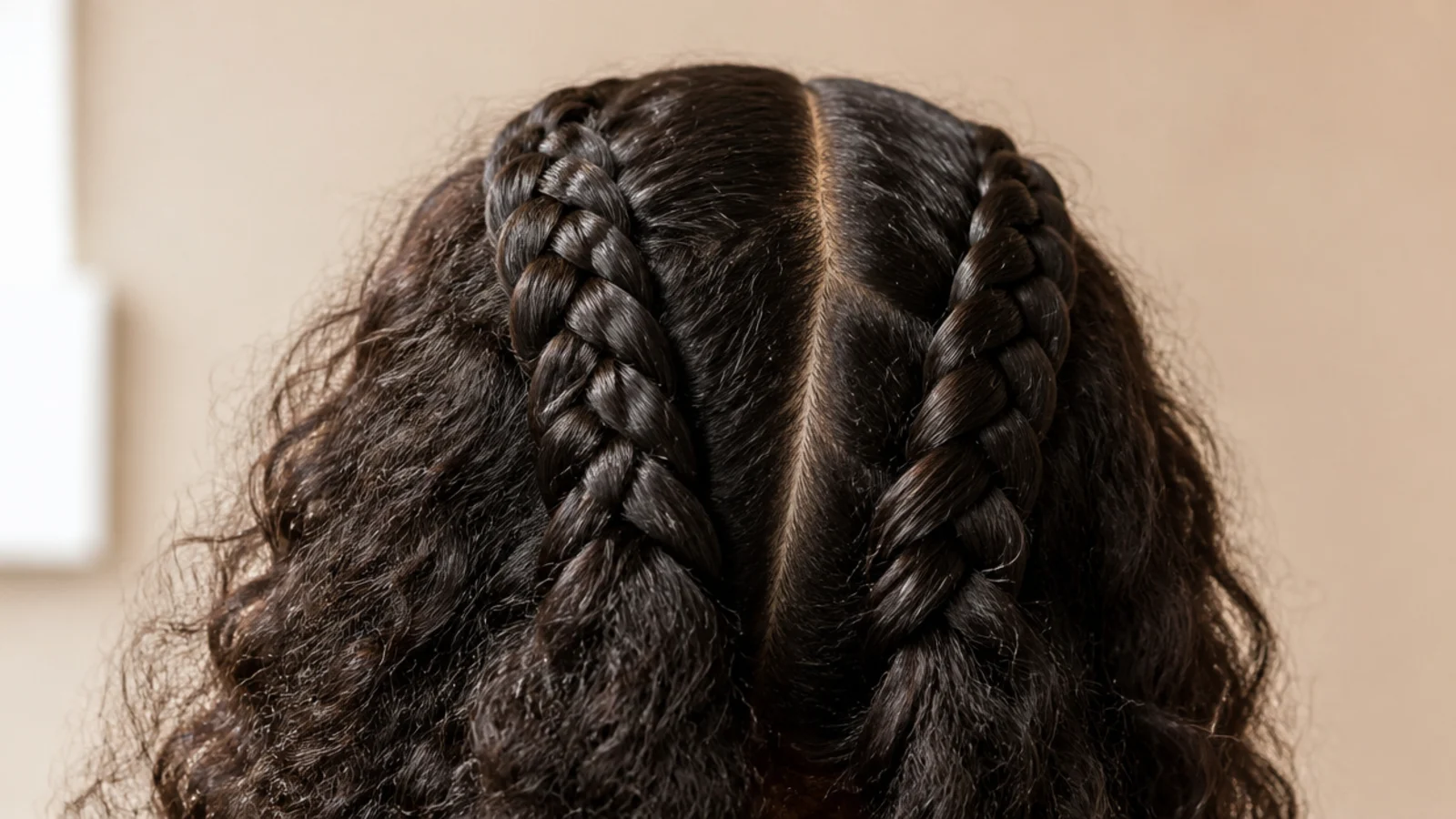 Two Dutch braids running from the hairline down thick frizzy hair with a clean center part
