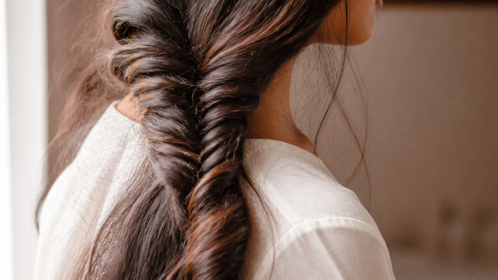 Side fishtail braid on long frizzy hair pulled over one shoulder with softly pancaked edges