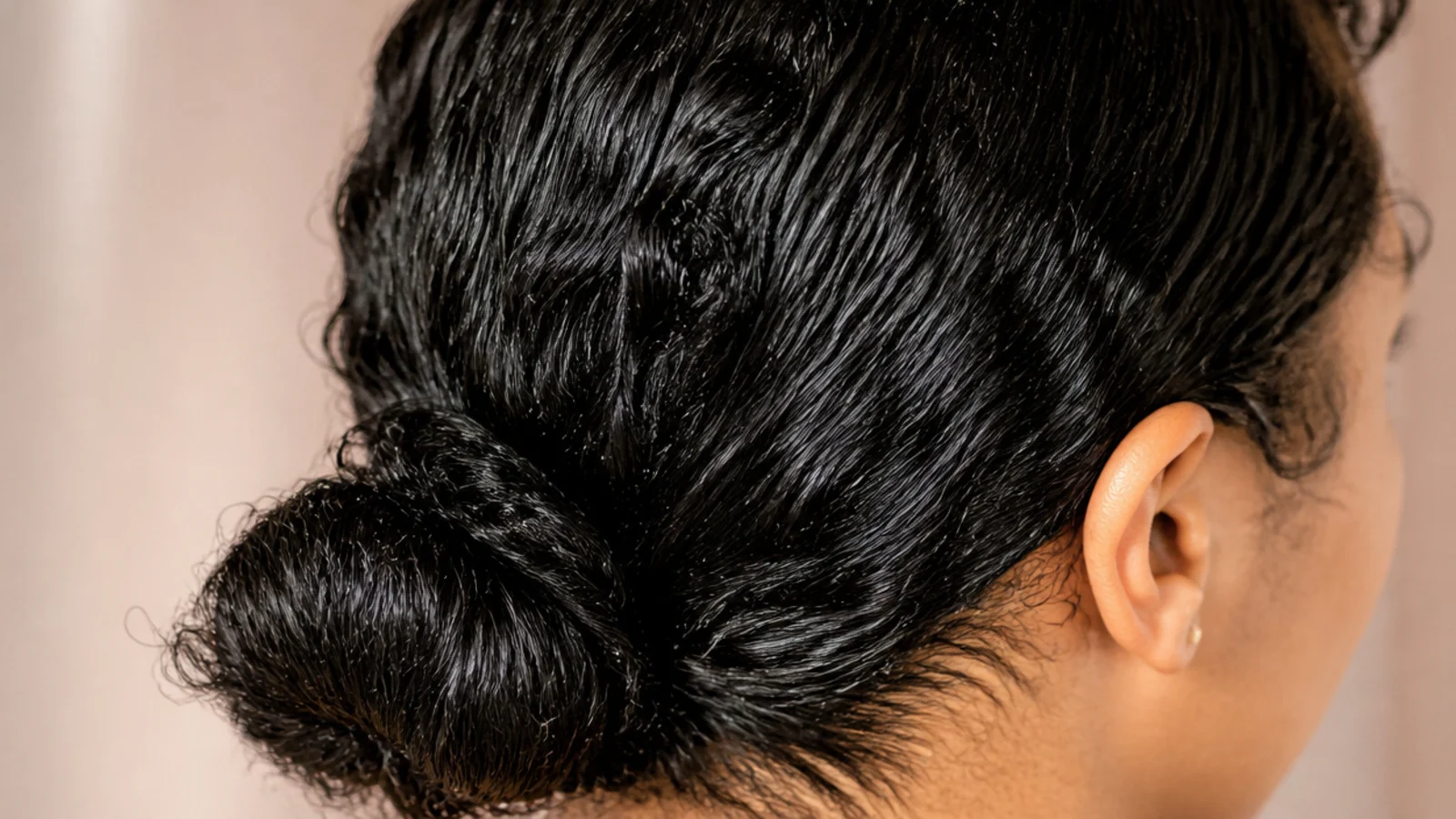Low slicked bun at the nape of frizzy dark hair set with gel and a boar bristle brush finish