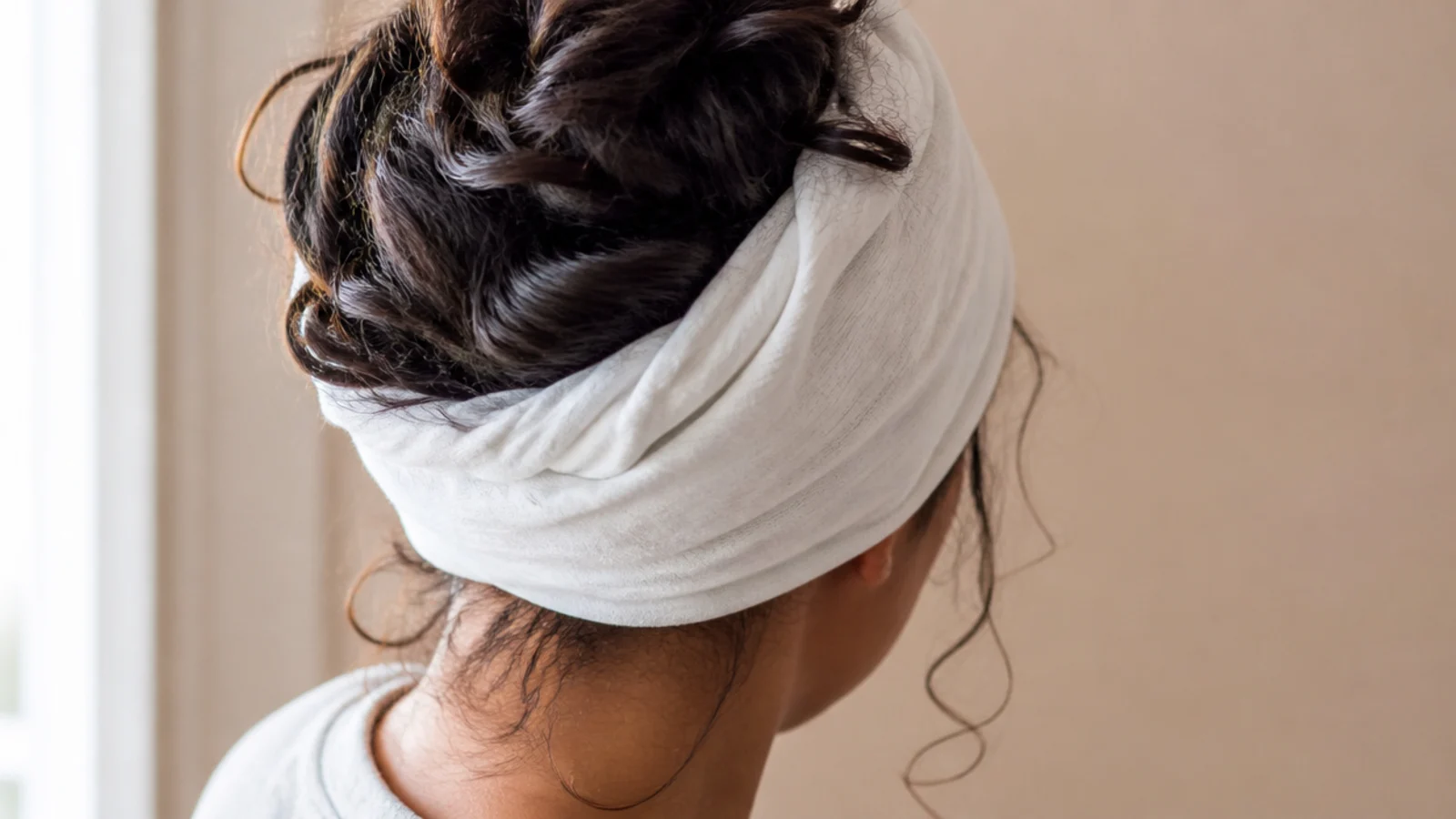 Frizzy curly hair plopped into a cotton t-shirt wrap on top of the head to set curl definition