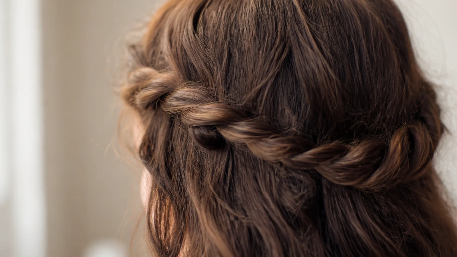Twisted halo crown braid wrapped around the head on long frizzy hair pinned with bobby pins