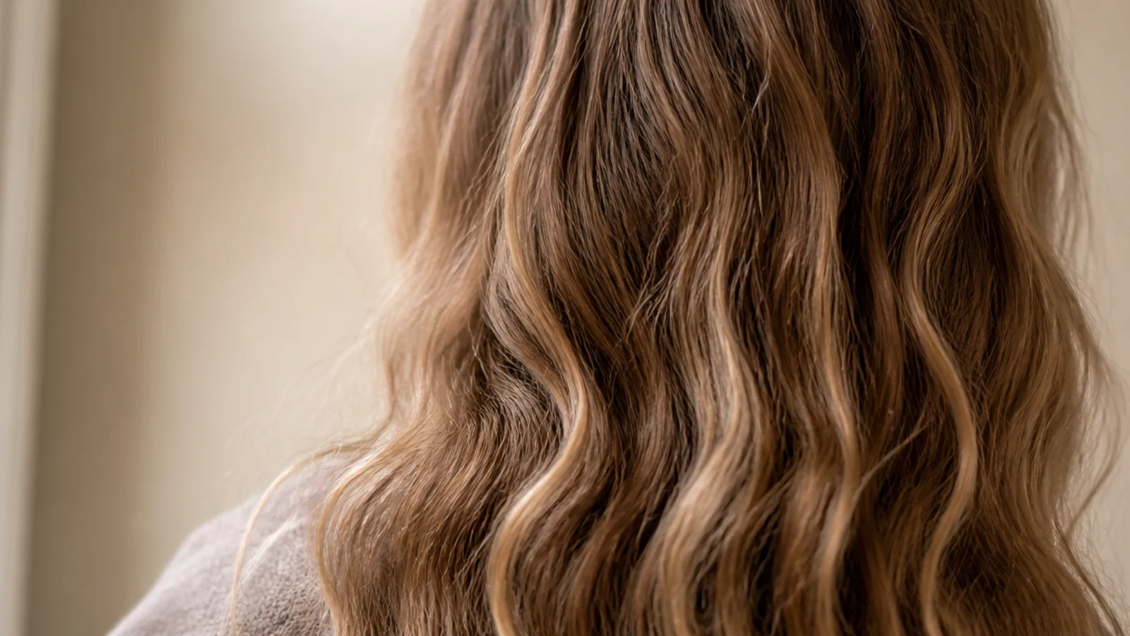 Soft no-heat waves on frizzy hair created by sleeping in two loose braids and unraveling in the morning