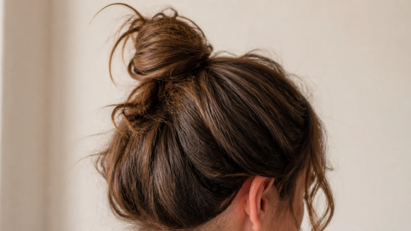 High messy top knot on day-three frizzy hair with a soft crown and loose tendrils at the ears