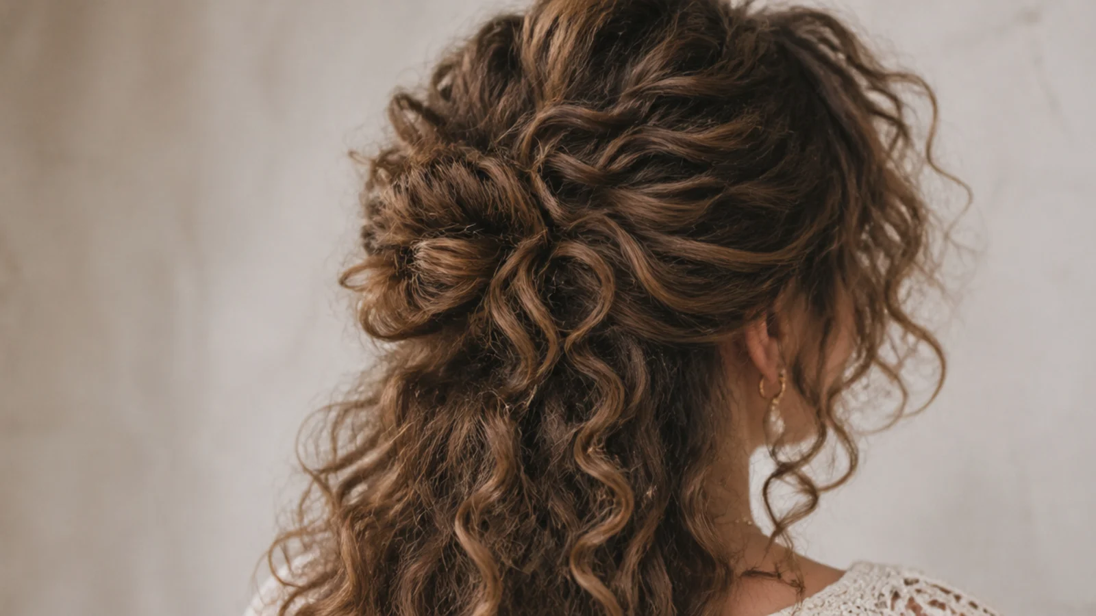 Diffused half-updo on frizzy curly hair with volume at the crown and defined texture left down the back