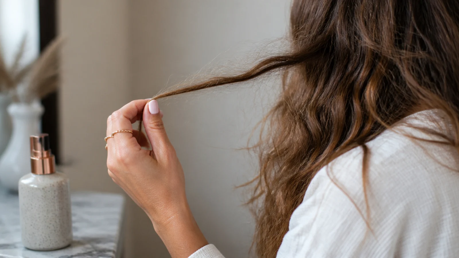 Close-up of a frizzy hair strand showing lifted cuticle scales absorbing moisture from humid air