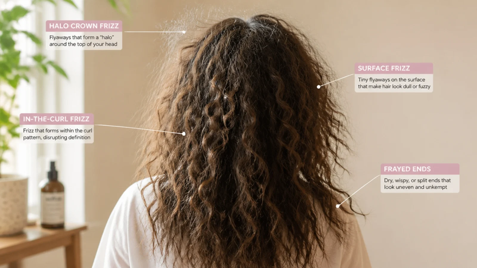 Four types of frizz compared on frizzy hair: halo crown frizz, surface frizz, in-the-curl frizz and frayed ends