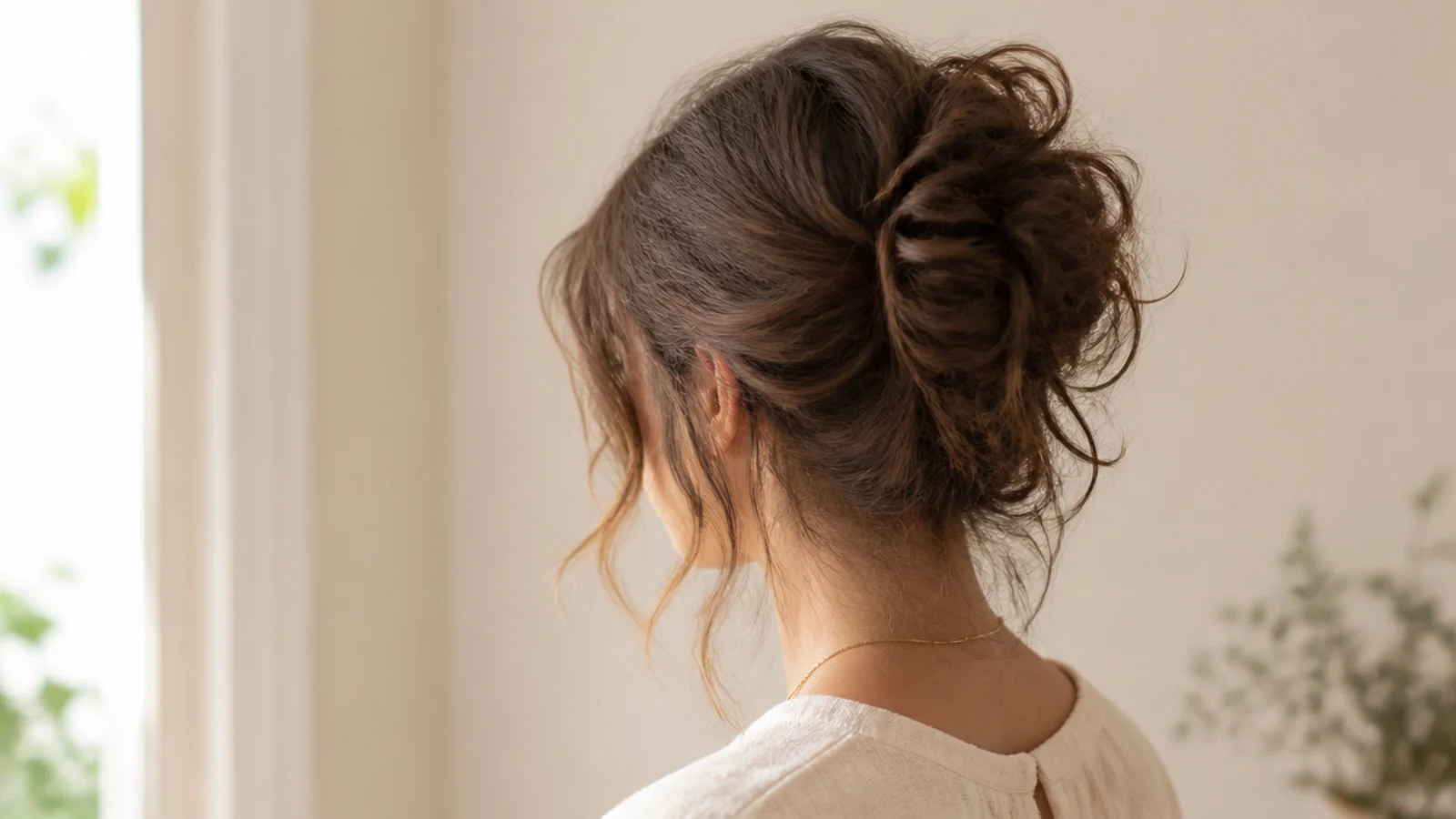 Shoulder length frizzy brown hair styled in a finger-raked messy bun with soft face-framing pieces