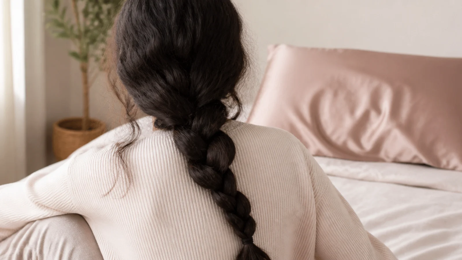 Silk pillowcase and loose overnight braid protecting frizzy hair from friction while sleeping