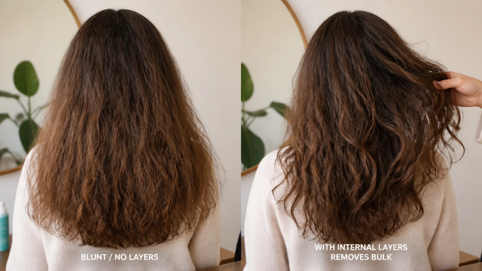 Blunt heavy ends compared with internal layers on frizzy hair showing how layering removes bulk