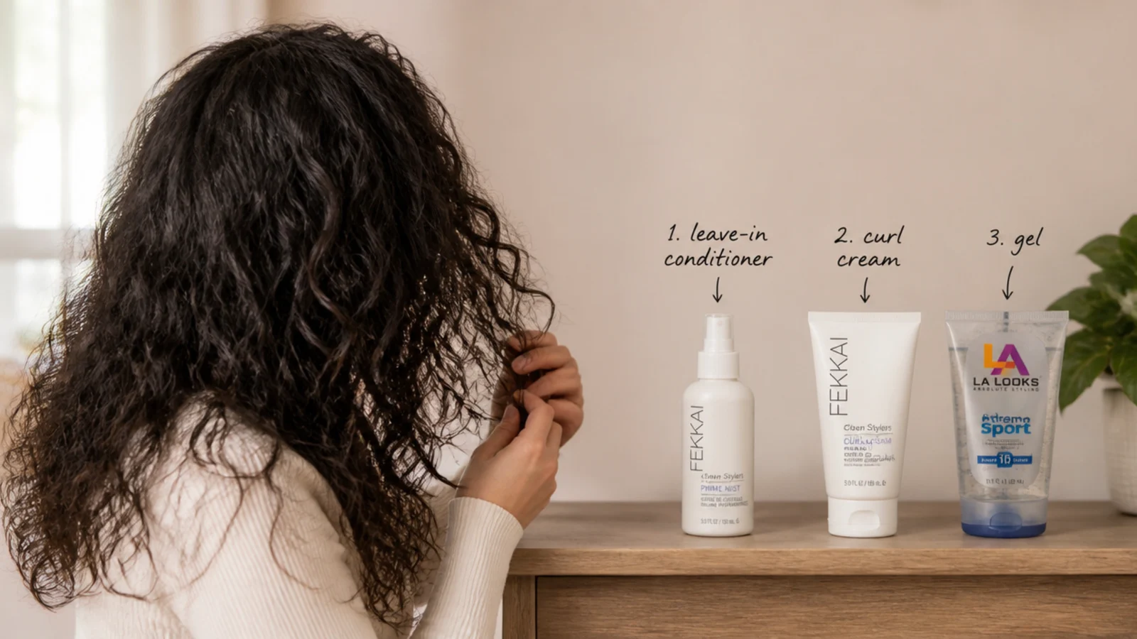 Leave-in conditioner, curl cream and gel lined up in layering order for styling frizzy hair