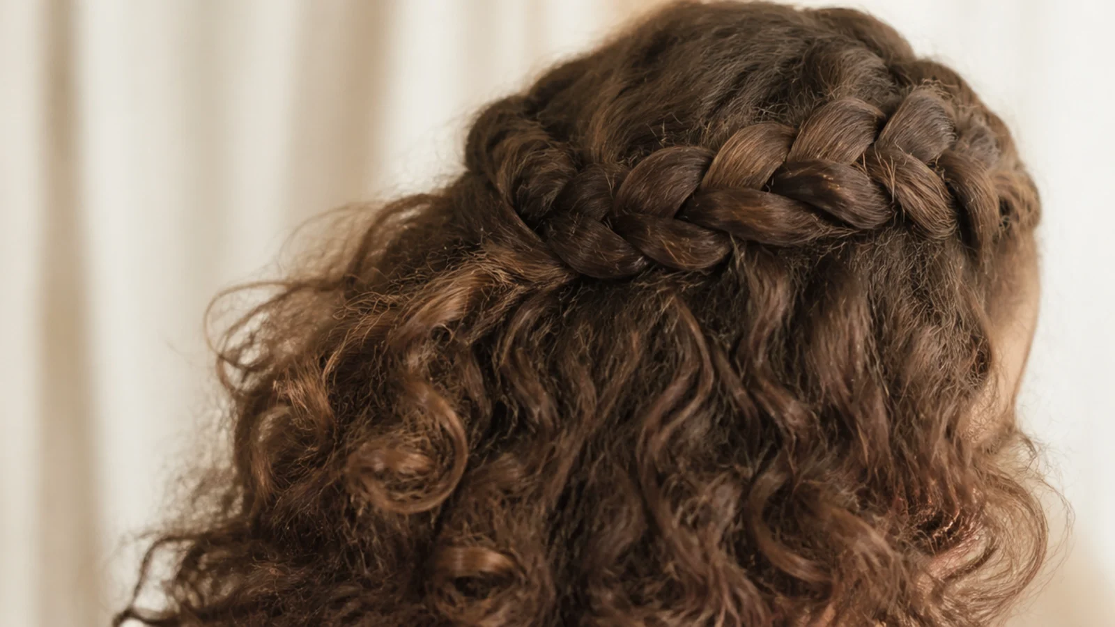 Dutch braid running across the crown of puffy frizzy hair with the rest of the length left down