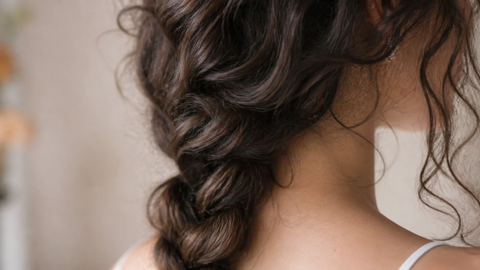 Loose three strand braid starting below the ear on puffy frizzy hair with soft temple pieces out