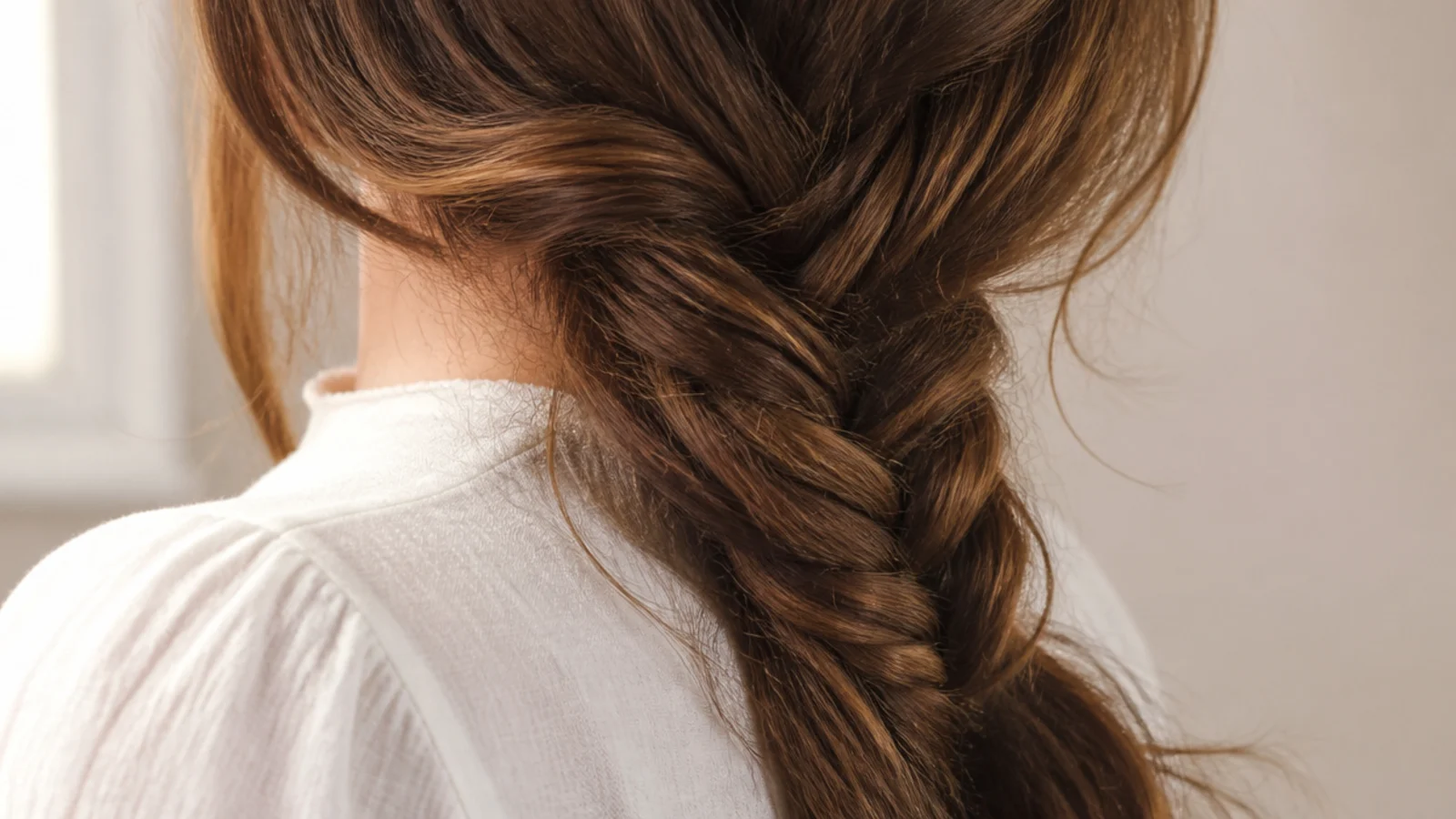 Side fishtail braid on long puffy frizzy hair resting over one shoulder with a soft flared end