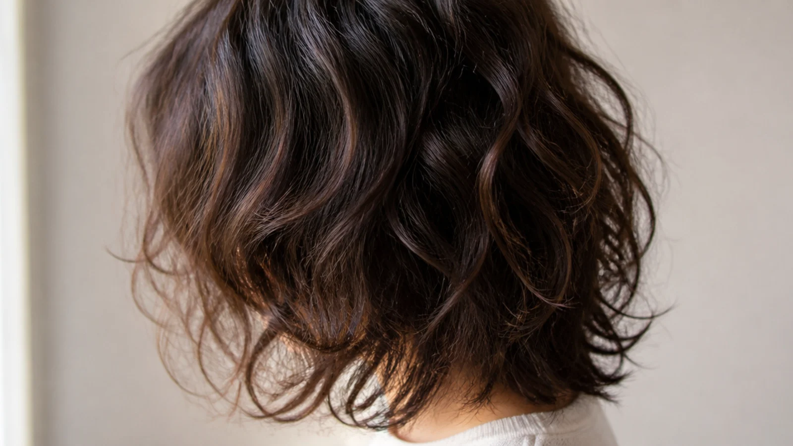 Shoulder length shag on puffy frizzy hair with internal layers distributing volume instead of stacking it
