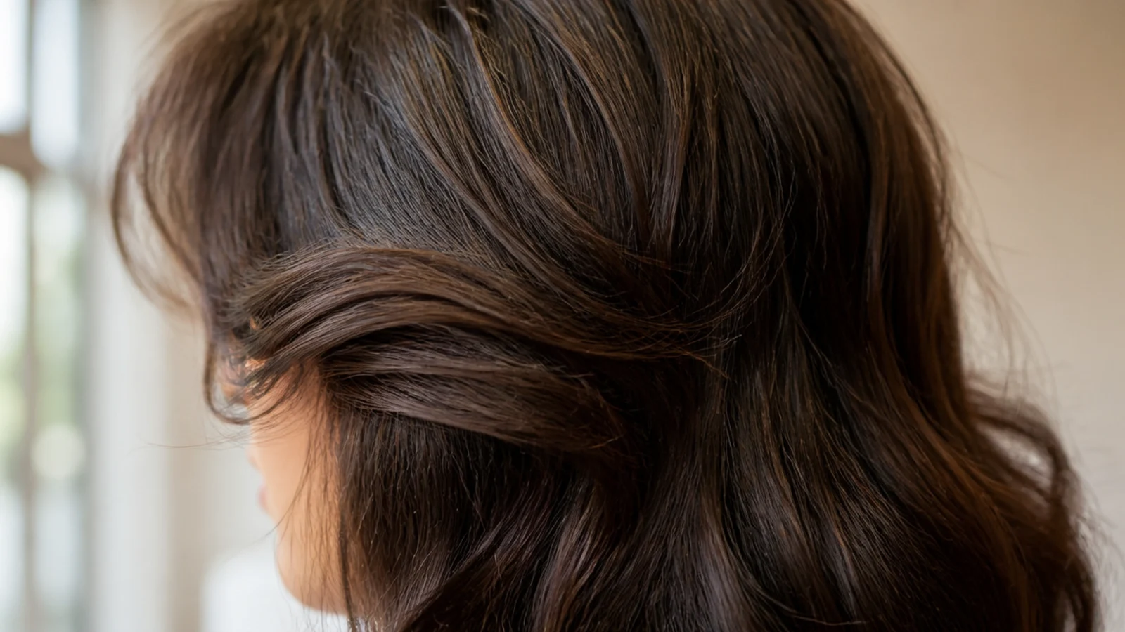 Curtain bangs blown out and curved back on puffy frizzy hair with smoothed mid-lengths behind