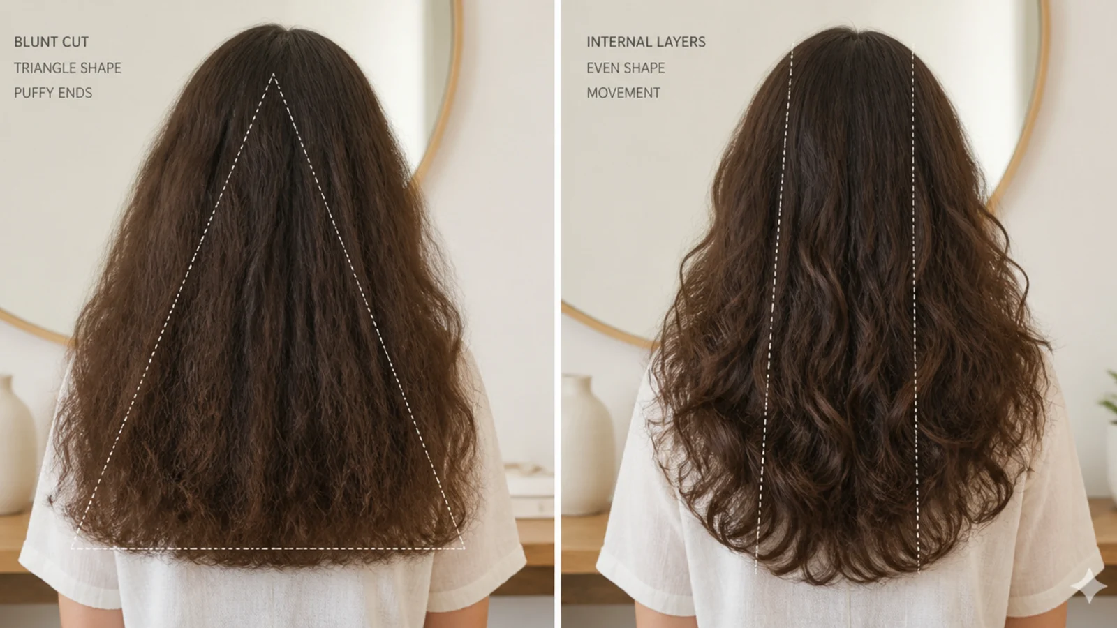 Blunt heavy ends compared with internal layers on puffy frizzy hair showing triangle versus even shape