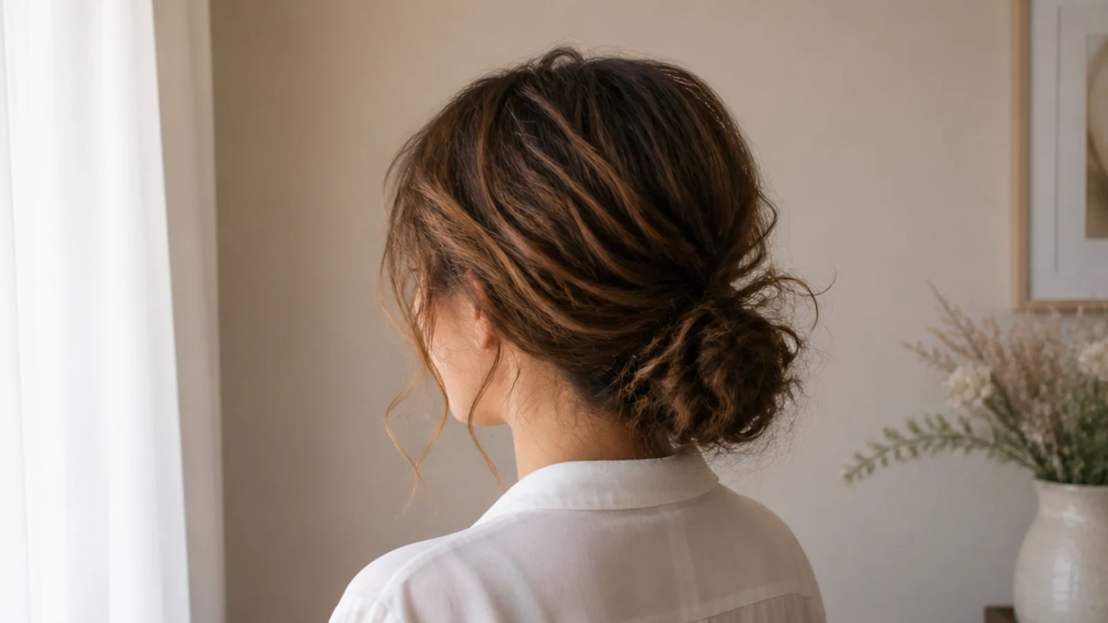 Puffy frizzy hair styled into a low nape chignon with soft face-framing pieces at the temples