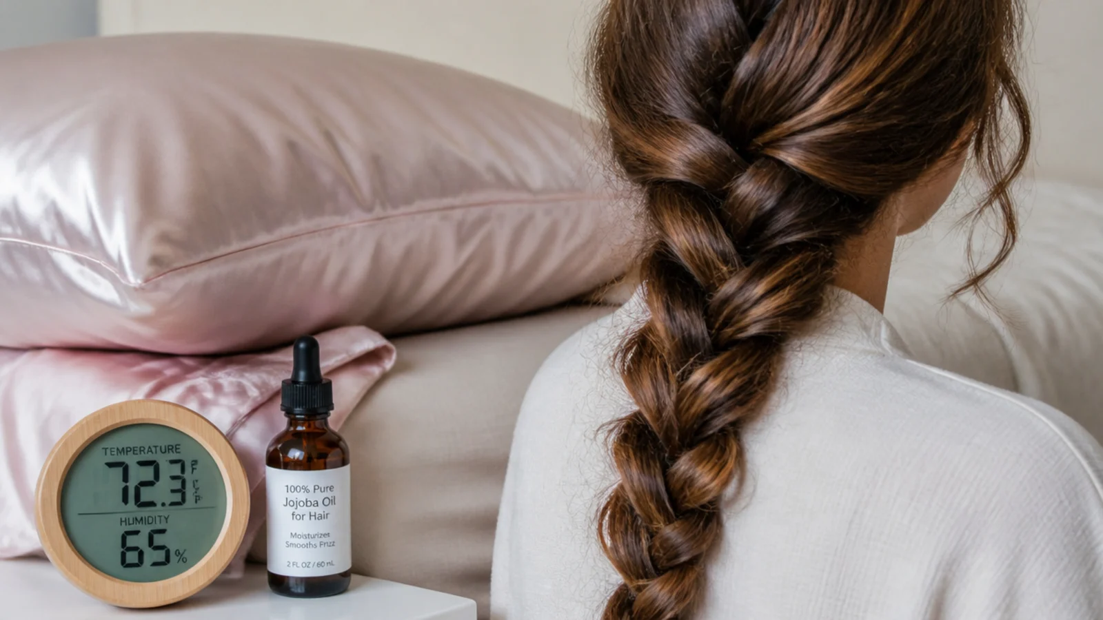 Silk pillowcase and a loose overnight braid beside a humidity gauge for puffy frizzy hair care