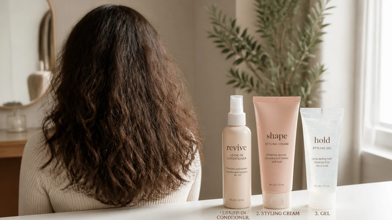 Leave-in conditioner, styling cream and gel lined up in layering order for puffy frizzy hair