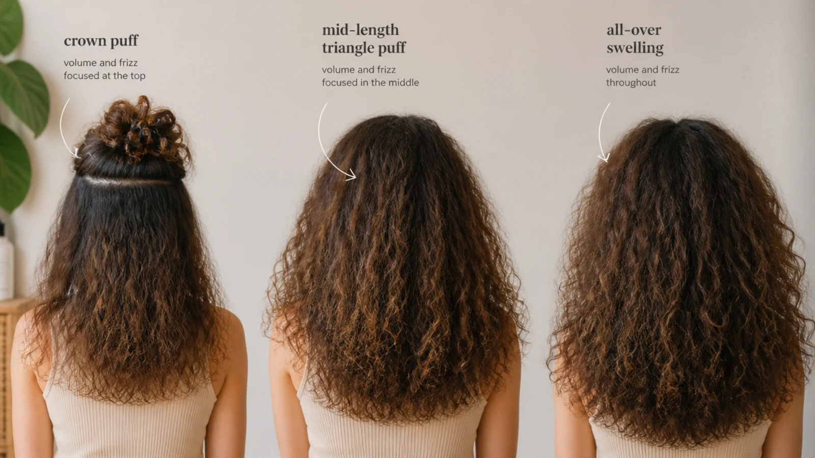 Three puffy frizzy hair shapes compared: crown puff, mid-length triangle puff and all-over swelling